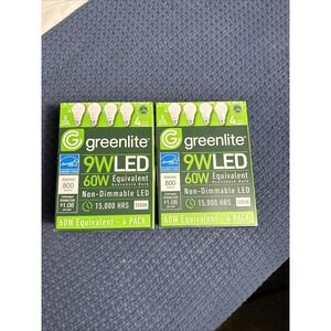 Two Pkgs Greenlite LED 4 Pack 9W 60W Equivalent Light Bulbs 800 Lumens